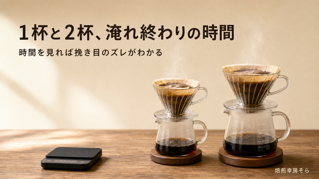 1杯分と2杯分のコーヒーを並べて淹れ、抽出時間を比べる様子
