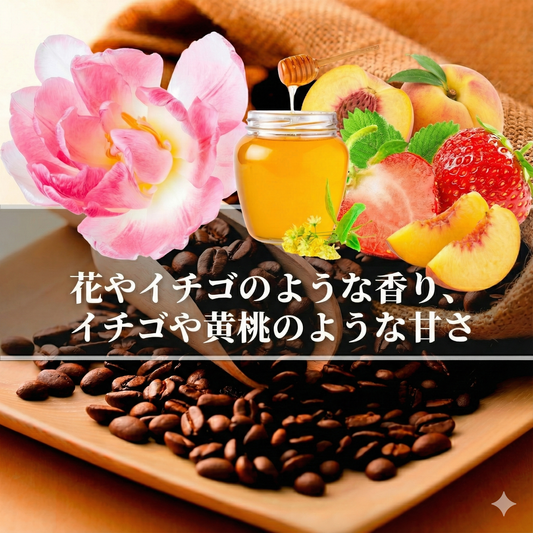 エチオピア<br>ゲシャビレッジ農園<br>シェワジバブ ゲイシャ ナチュラル レッドラベル<br>【浅煎り】<br>花やイチゴのような香り、イチゴや黄桃のような甘さ、優しい酸味で爽やか、華やかな余韻が続く、余韻に浸れる<br>苦味 ★☆☆☆☆<br>酸味 ★★★☆☆<br>甘さ ★★★★★<br>コク ★★★★☆<br>香り ★★★★★