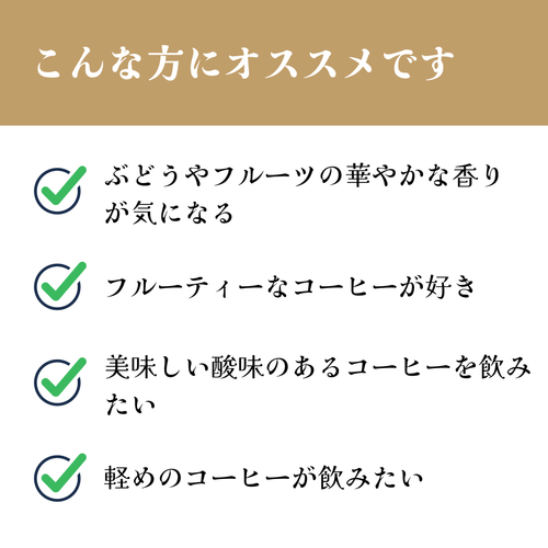 エチオピア<br>シダモG1 ベンサ ニグセ<br>ナチュラル<br>【浅煎り】<br>ぶどうやフルーツの華やかな香り、梨や白桃のジューシーな甘味と酸味、余韻も華やか<br>苦味 ★☆☆☆☆<br>酸味 ★★★☆☆<br>甘み ★★★★★<br>コク ★★☆☆☆<br>香り ★★★★★