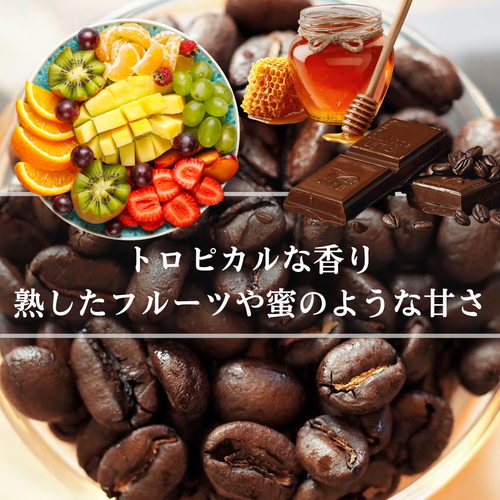 インド<br>クメールゴデ農園<br>ナチュラル【深煎り】<br>トロピカルな香り、穏やかで優しい酸味、熟したフルーツや蜜のような甘さ、スッキリとした心地よい余韻<br>苦味 ★★★☆☆<br>酸味 ★☆☆☆☆<br>甘み ★★★★☆<br>コク ★★★★☆<br>香り ★★★★★